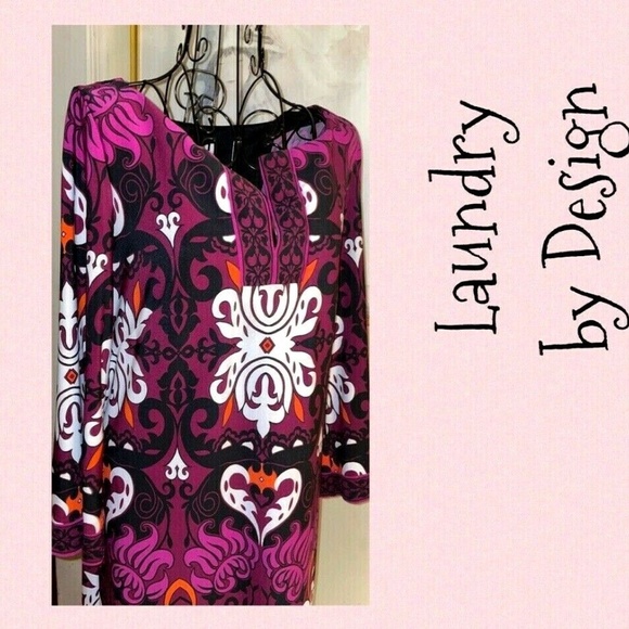 LAUNDRY BY DESIGN SILKY PURPLE KNIT SHIFT DRESS W/BLACK,WHITE PRINT~3/4 SLEEVE~S - Picture 5 of 6